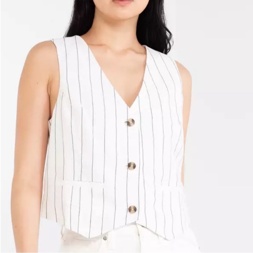 White and Navy Striped Linen-Cotton Vest